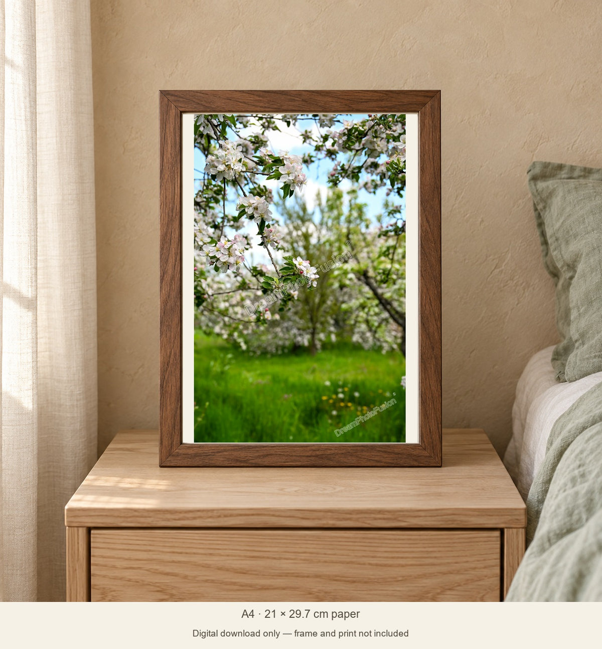 Spring Everywhere: A4 natural-wood frame display mockup. Digital download only; frame and print not included.