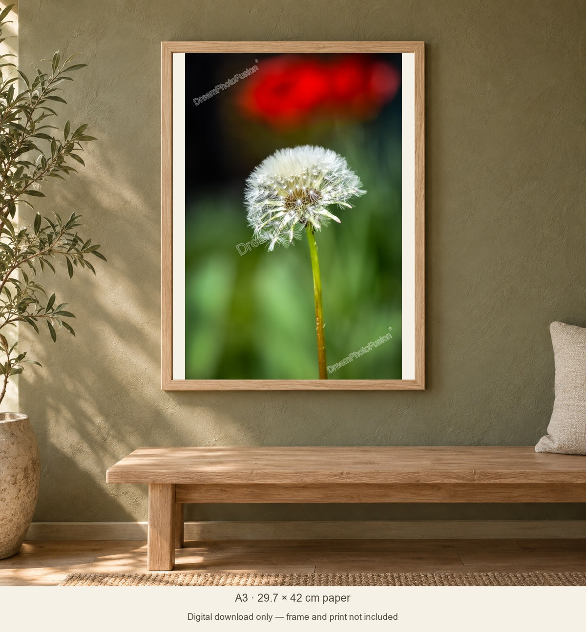 Before the Breeze: A3 light natural oak frame in a soft olive reading nook. Digital download only; print, frame and room objects are not included.