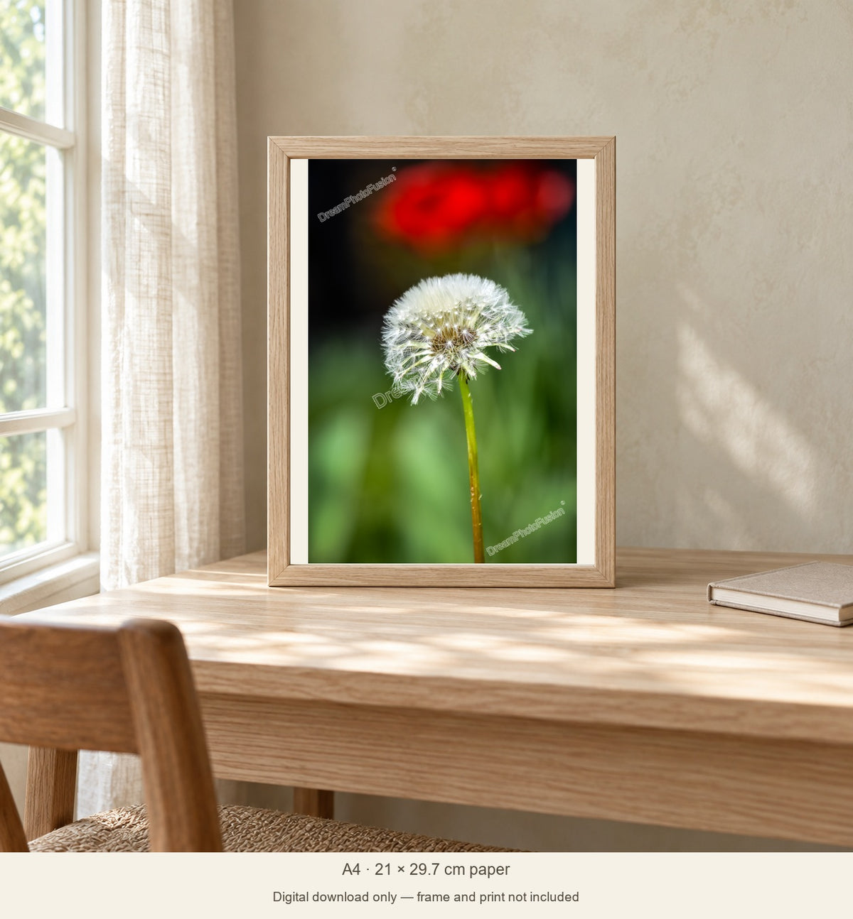 Before the Breeze: A4 light natural ash frame on a bright writing desk beside a linen curtain. Digital download only; print, frame and room objects are not included.