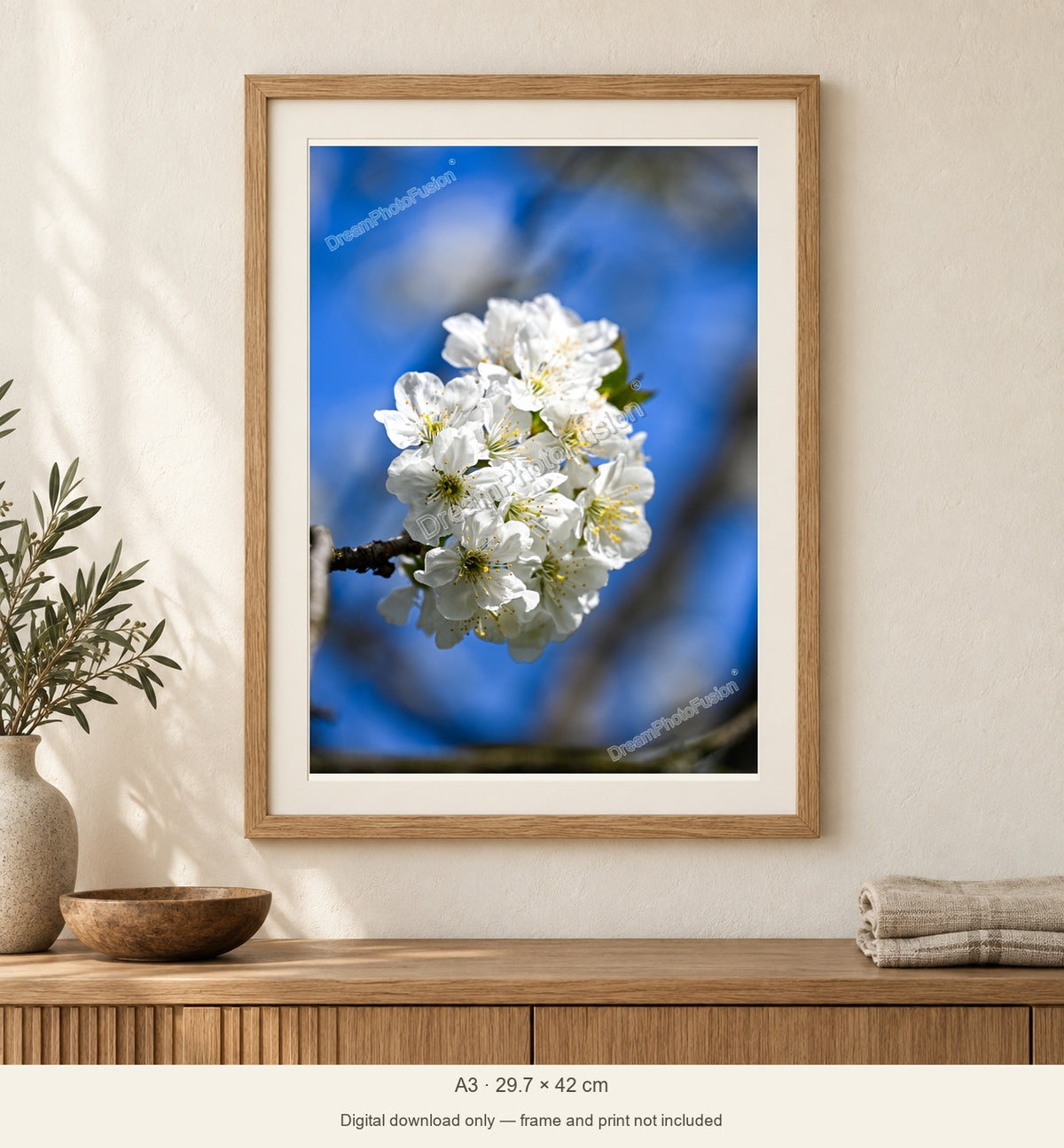 Spring Against Blue shown in a natural wood A3 frame with DreamPhotoFusion watermarks. Digital download only; frame and print not included.
