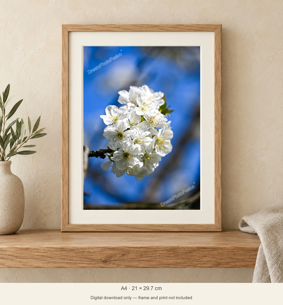 Spring Against Blue shown in a natural wood A4 frame with DreamPhotoFusion watermarks. Digital download only; frame and print not included.