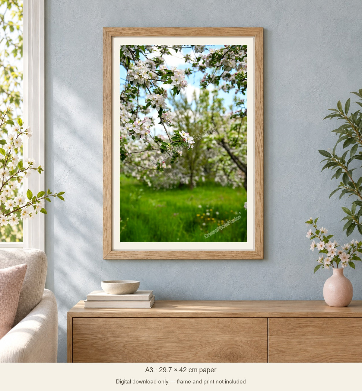 Spring Everywhere: A3 natural-wood frame display mockup. Digital download only; frame and print not included.